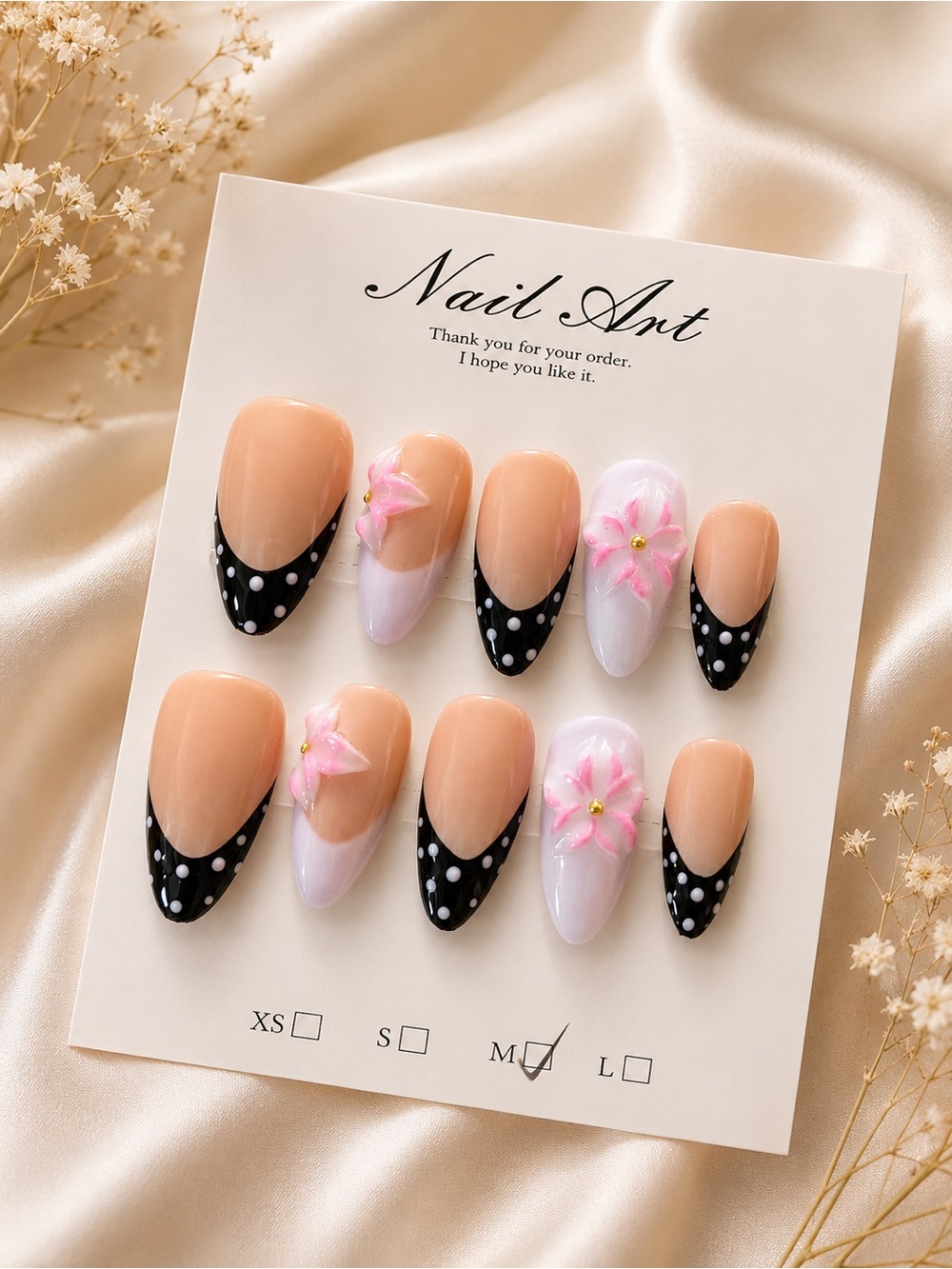 Handcrafted Pink Floral & Black Polka Dot Press-On Nails